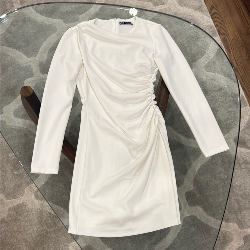 Zara White Ruched Long Sleeve Sheath Dress